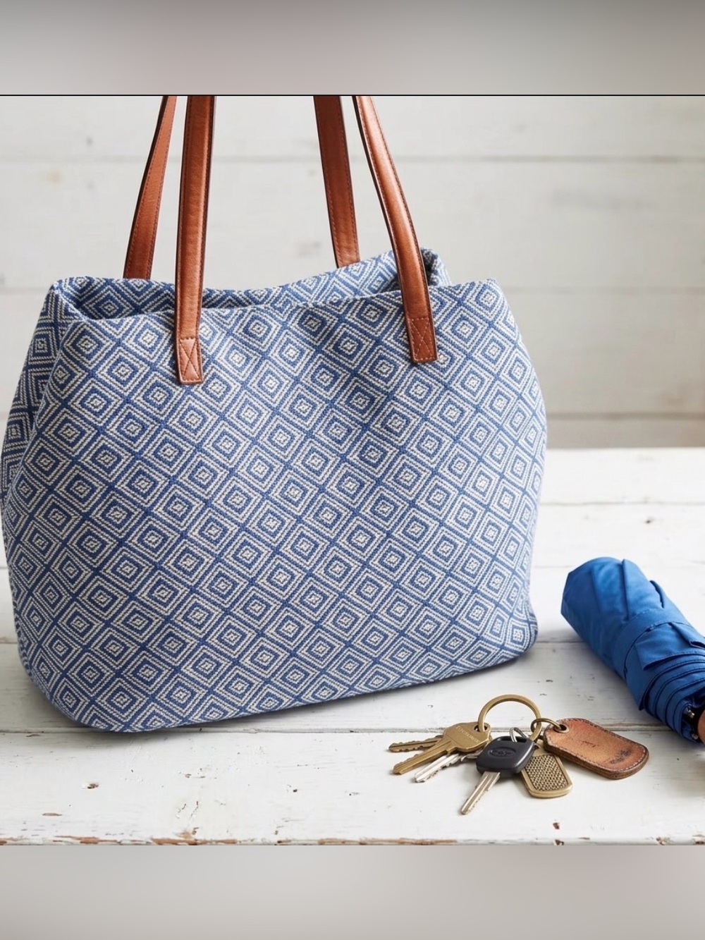 Street Level Anchorage Blue Diamond-Print Tote Bag with Brown Leather Handles
